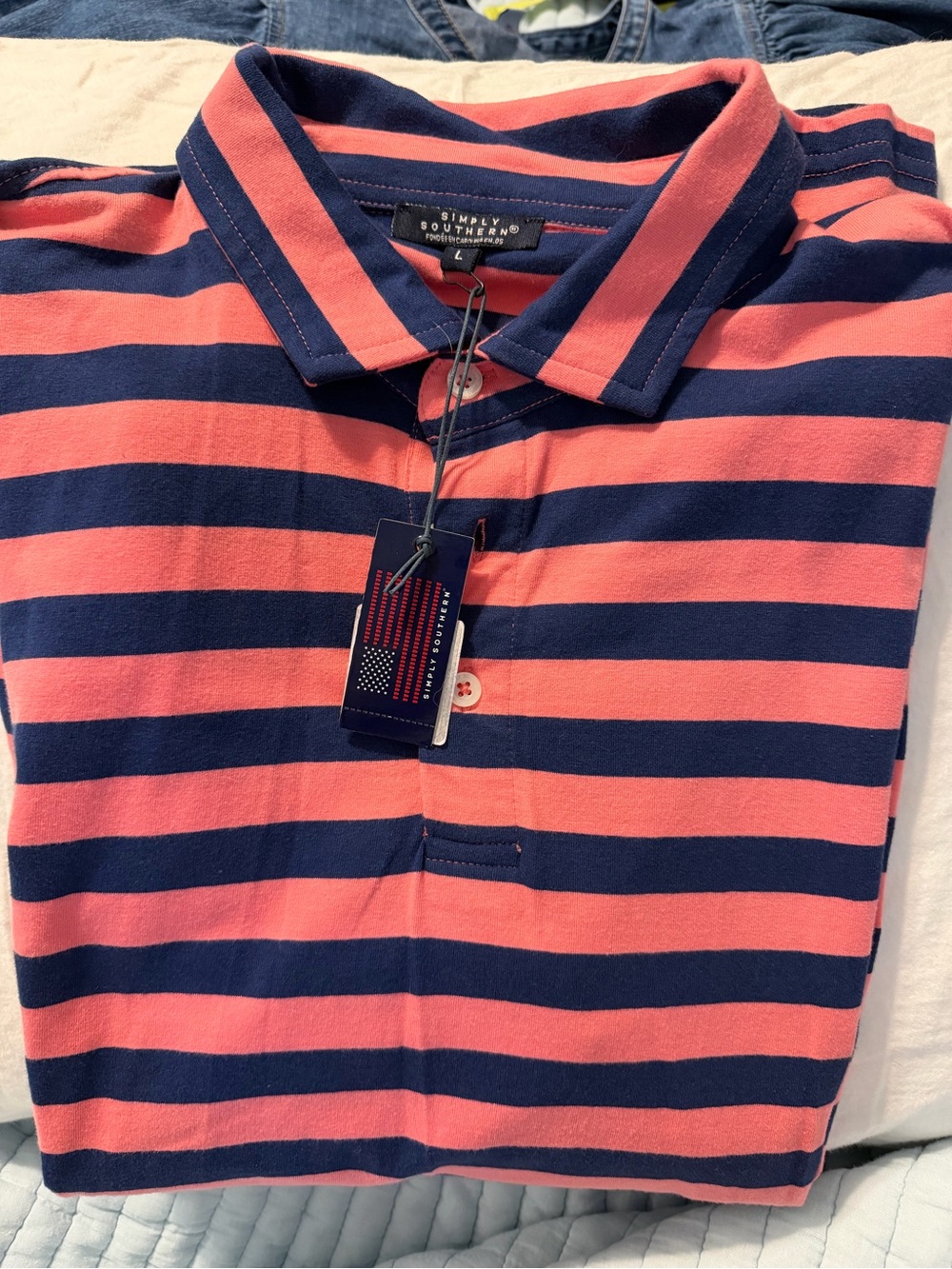 Simply Southern Men’s Coral and Navy Stripe Polo Shirt